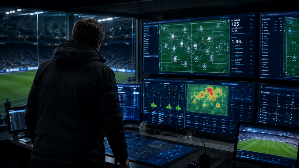Football coach using AI-powered tactical analysis and performance data before a professional football match.
