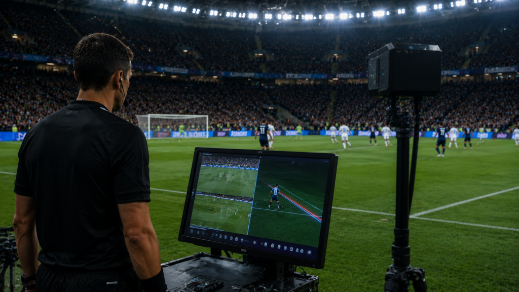 Professional football referee using AI-assisted VAR technology and digital match analysis during a football game.