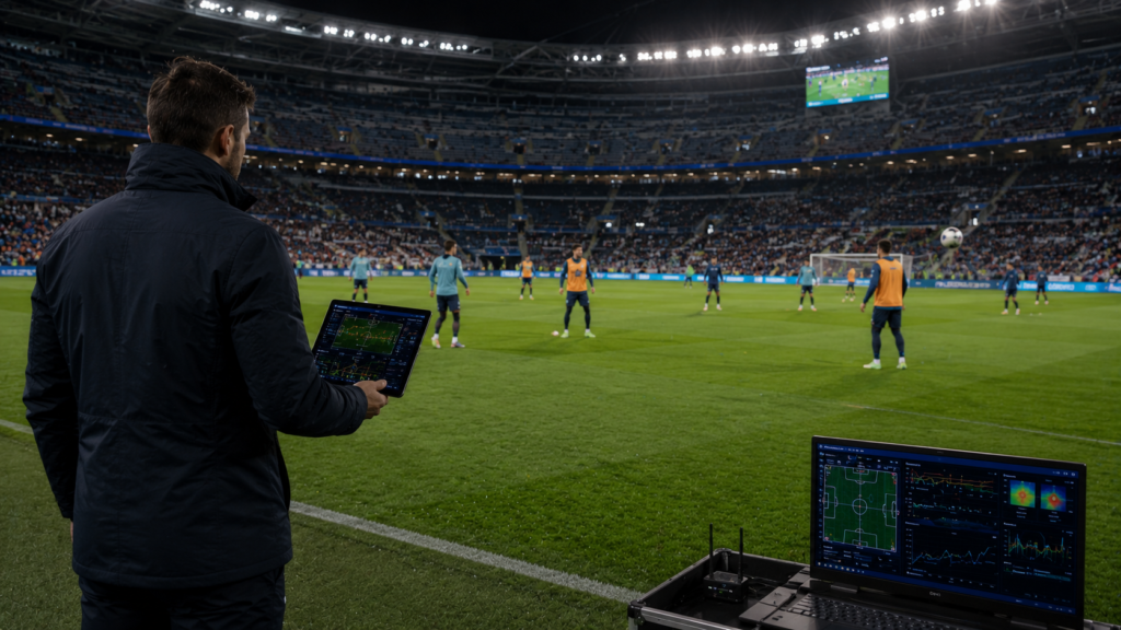 Future football training enhanced by artificial intelligence, performance analytics, and smart coaching technology.