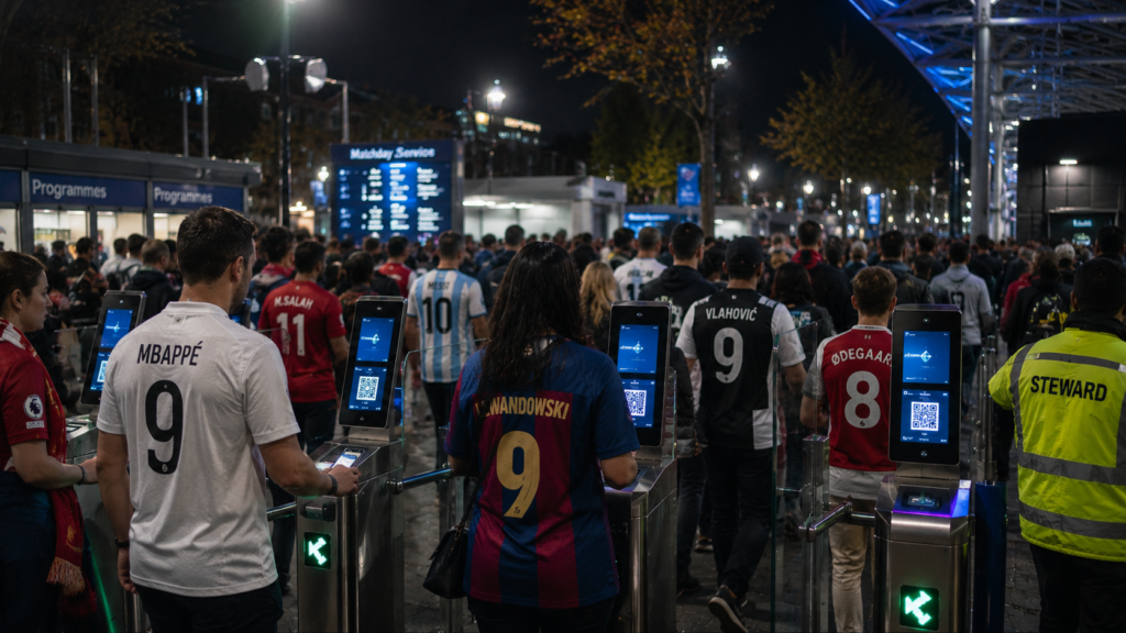 Football fans entering a modern smart stadium using digital ticketing and AI-powered security systems.