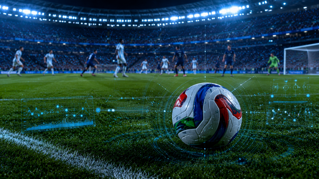 Smart football technology with AI tracking, sensor data, and real-time match analytics during a professional football game.

