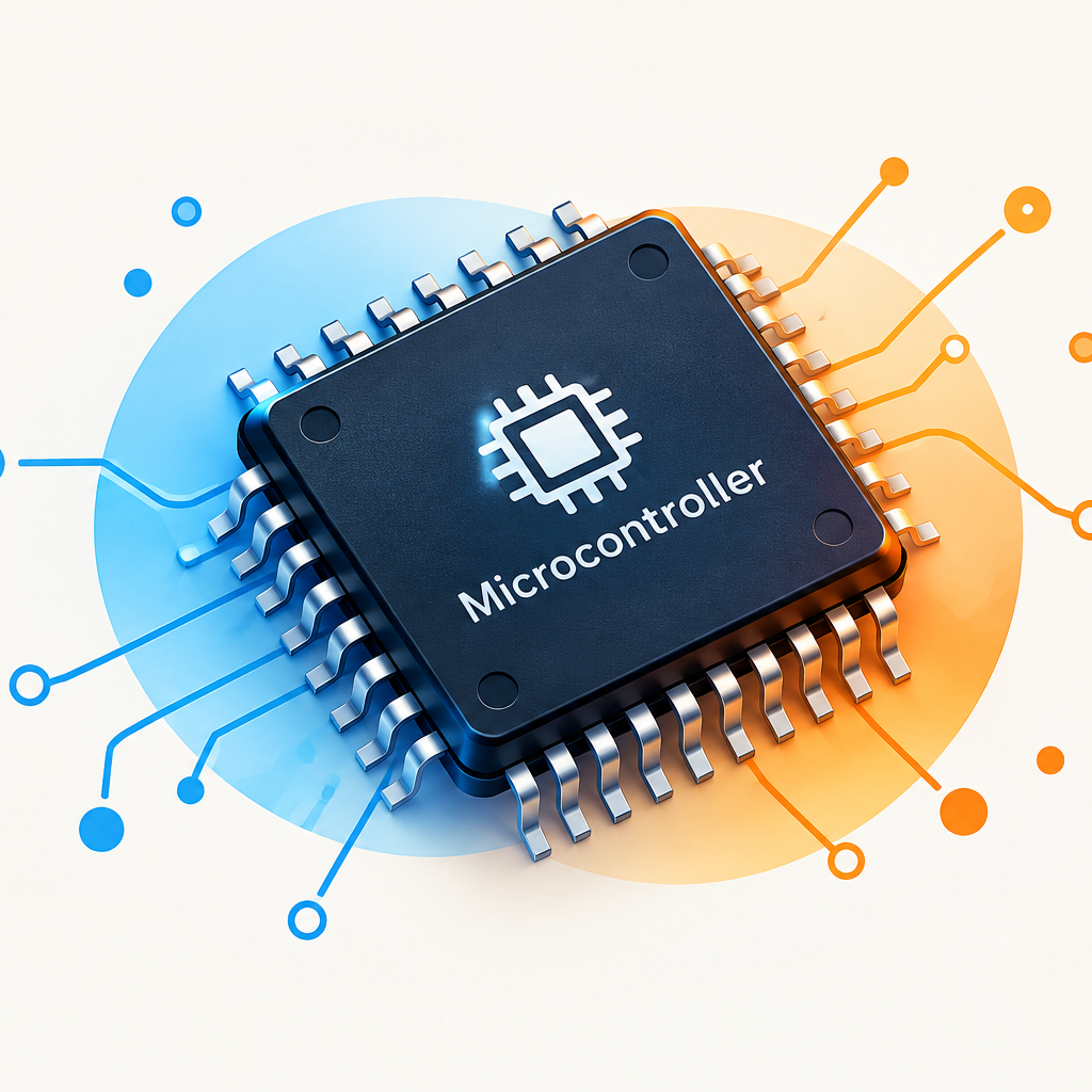 microcontroller chip with blue and orange circuit design